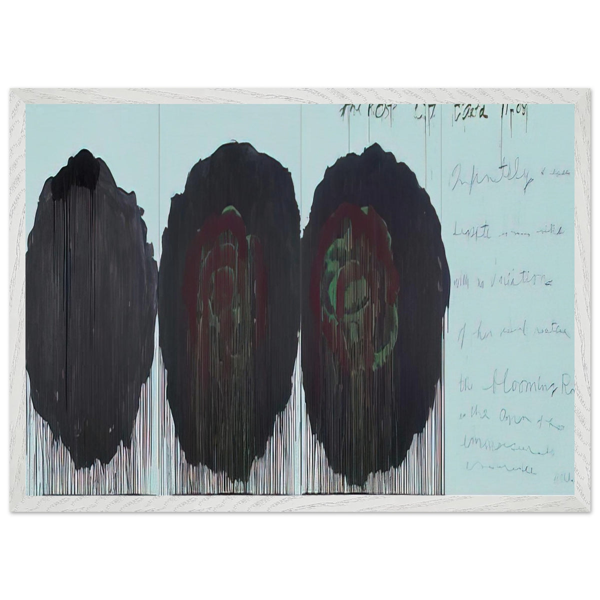 The Rose (V) by Cy Twombly framed art print; featuring three monumental rose forms in deep black, charcoal, burgundy, and dark crimson; size A1 (59.4 × 84.1 cm); black frame.