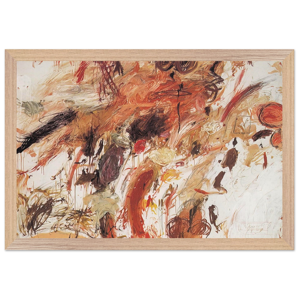 Ferragosto V by Cy Twombly framed art print; featuring energetic brushstrokes, layered pigments, and spontaneous gestures in shades of rust red, burnt orange; size 30 × 45 cm (12 × 18 in); white frame.