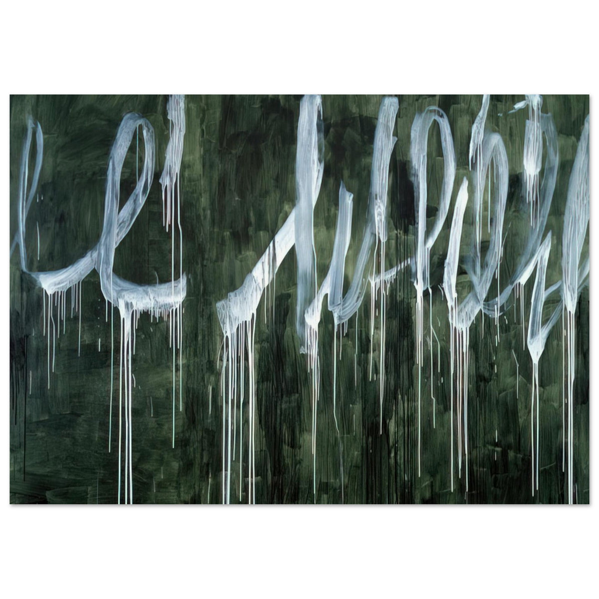 III Notes from Salalah (Note I) by Cy Twombly poster, 50 × 70 cm / 20 × 28 in: a deep forest-green background covered with oversized, flowing white loops and sweeping calligraphic….