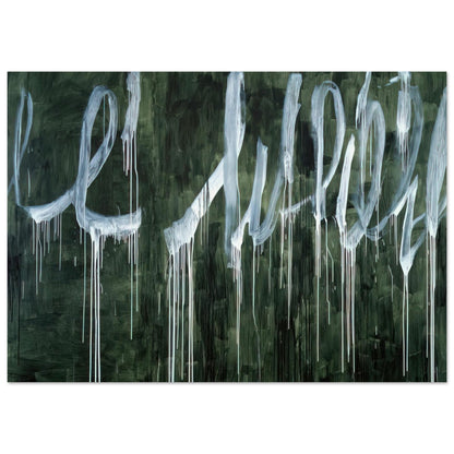 III Notes from Salalah (Note I) by Cy Twombly poster, 50 × 70 cm / 20 × 28 in: a deep forest-green background covered with oversized, flowing white loops and sweeping calligraphic….