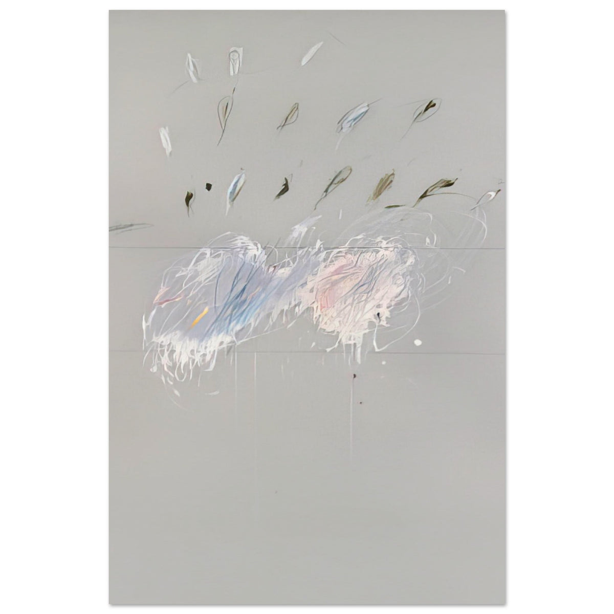 Nine Discourses on Commodus, Part VI by Cy Twombly, poster, muted gray background, delicate white brushstrokes, 20x25 cm (8x10 in)