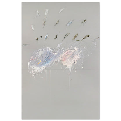 Nine Discourses on Commodus, Part VI by Cy Twombly, poster, muted gray background, delicate white brushstrokes, 20x25 cm (8x10 in)