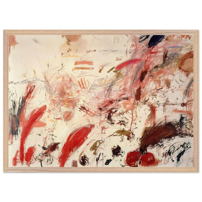 Ferragosto IV by Cy Twombly framed art print; featuring energetic red and pink brushstrokes, sweeping lines, layered marks, and contrasting accents of orange, brown; size 30 × 45 cm (12 × 18 in); black frame.