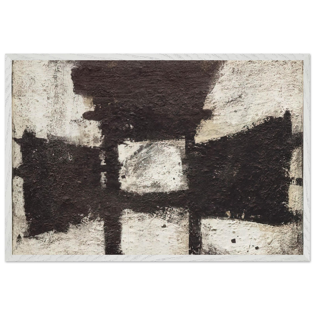 Zyig by Cy Twombly framed art print; featuring bold black and dark brown geometric forms against a textured ivory background; size 60 × 90 cm (24 × 36 in); white frame.