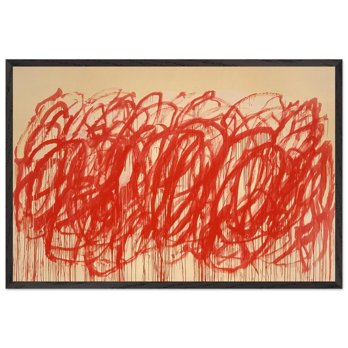 Untitled (Bacchus) by Cy Twombly framed art print; featuring sweeping vermilion-red brushstrokes, overlapping loops, energetic curves; size 50 × 70 cm (20 × 28 in); wood frame.