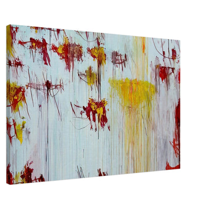 Lepanto, Part X by Cy Twombly canvas print, 70 × 100 cm / 28 × 40 in: This striking composition features a pale blue background layered with vivid yellow, golden ochre, orange….