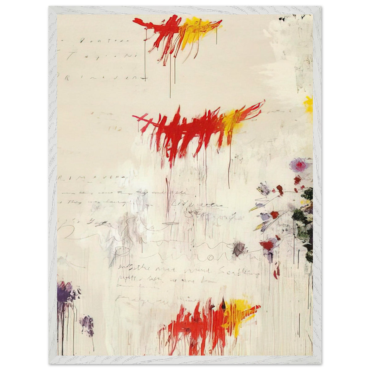 Quattro Stagioni I. Primavera by Cy Twombly, framed art print, energetic red and yellow brushstrokes, subtle purple and green details, 27x35 cm (11x14 in), black frame