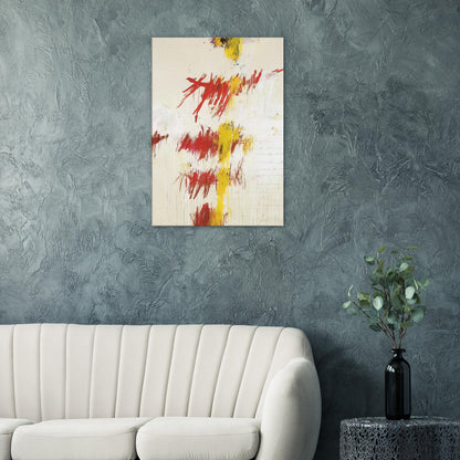 Quattro Stagioni II. Primavera by Cy Twombly, canvas print, bold red and crimson brushstrokes with luminous yellow marks, subtle