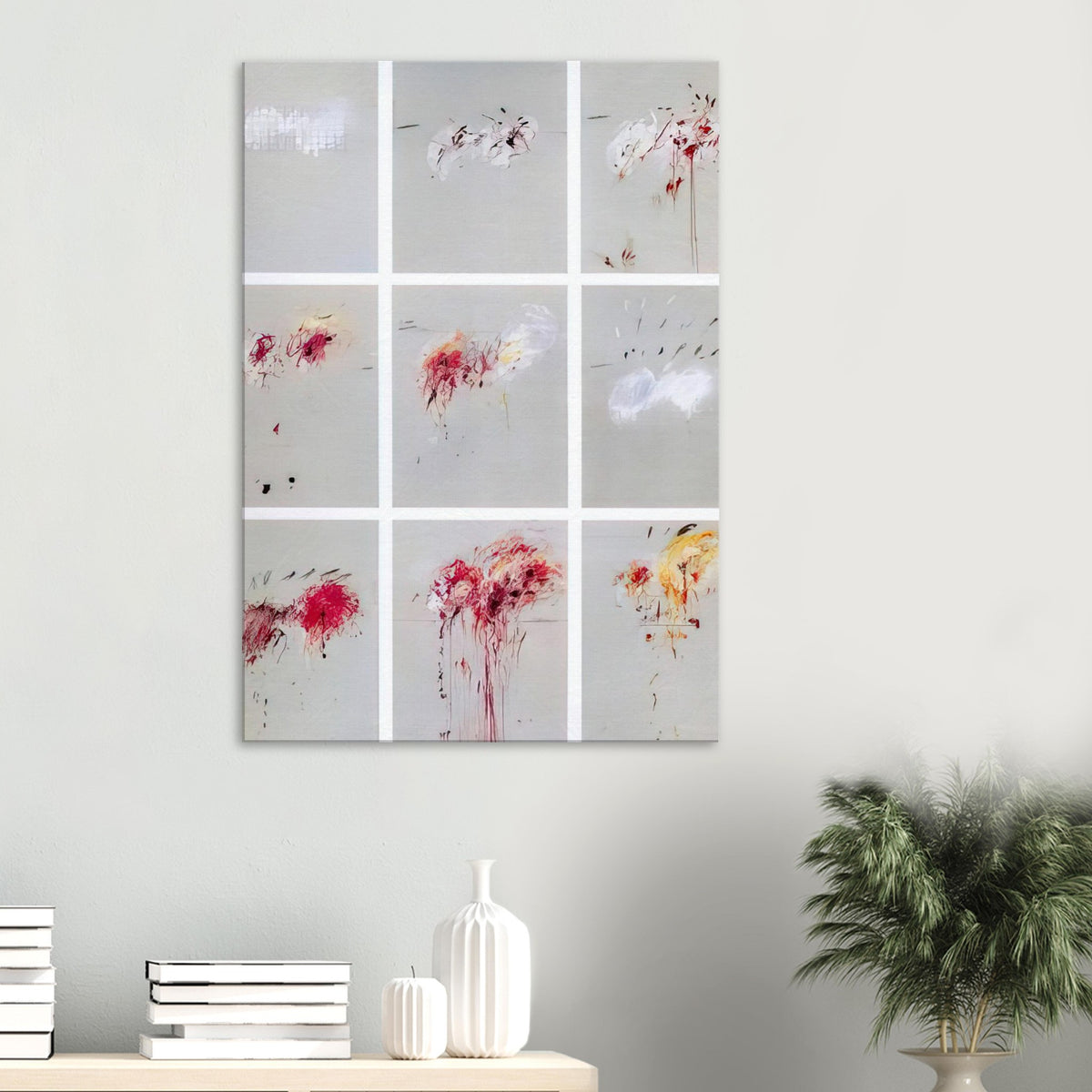 Nine Discourses on Commodus by Cy Twombly, canvas print, muted gray background with expressive red and crimson gestures