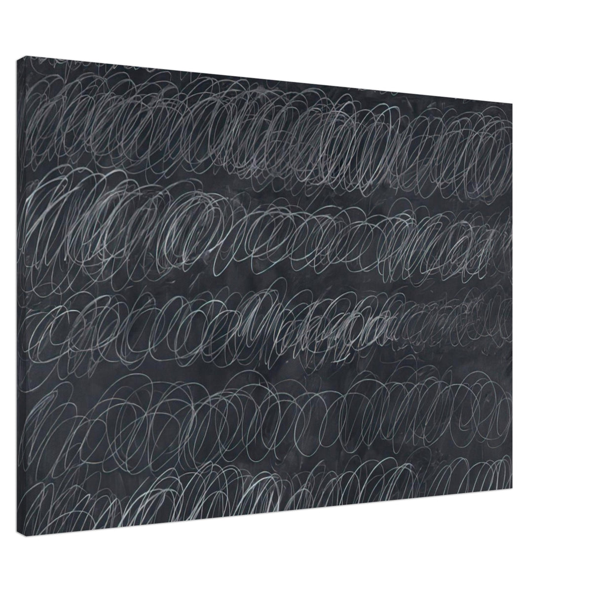 Cold Stream by Cy Twombly canvas print, 40 × 50 cm / 16 × 20 in: repeated rows of overlapping white and gray loops across a deep charcoal-gray background.
