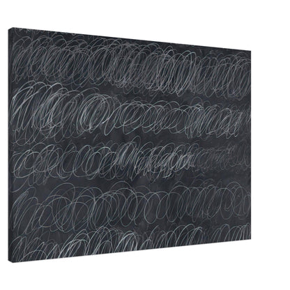 Cold Stream by Cy Twombly canvas print, 40 × 50 cm / 16 × 20 in: repeated rows of overlapping white and gray loops across a deep charcoal-gray background.