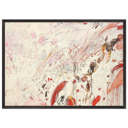 Ferragosto III by Cy Twombly framed art print; featuring energetic brushstrokes, delicate scribbles, and layered gestures in shades of red, pink, rust, orange, ochre; size 60 × 90 cm (24 × 36 in); white frame.