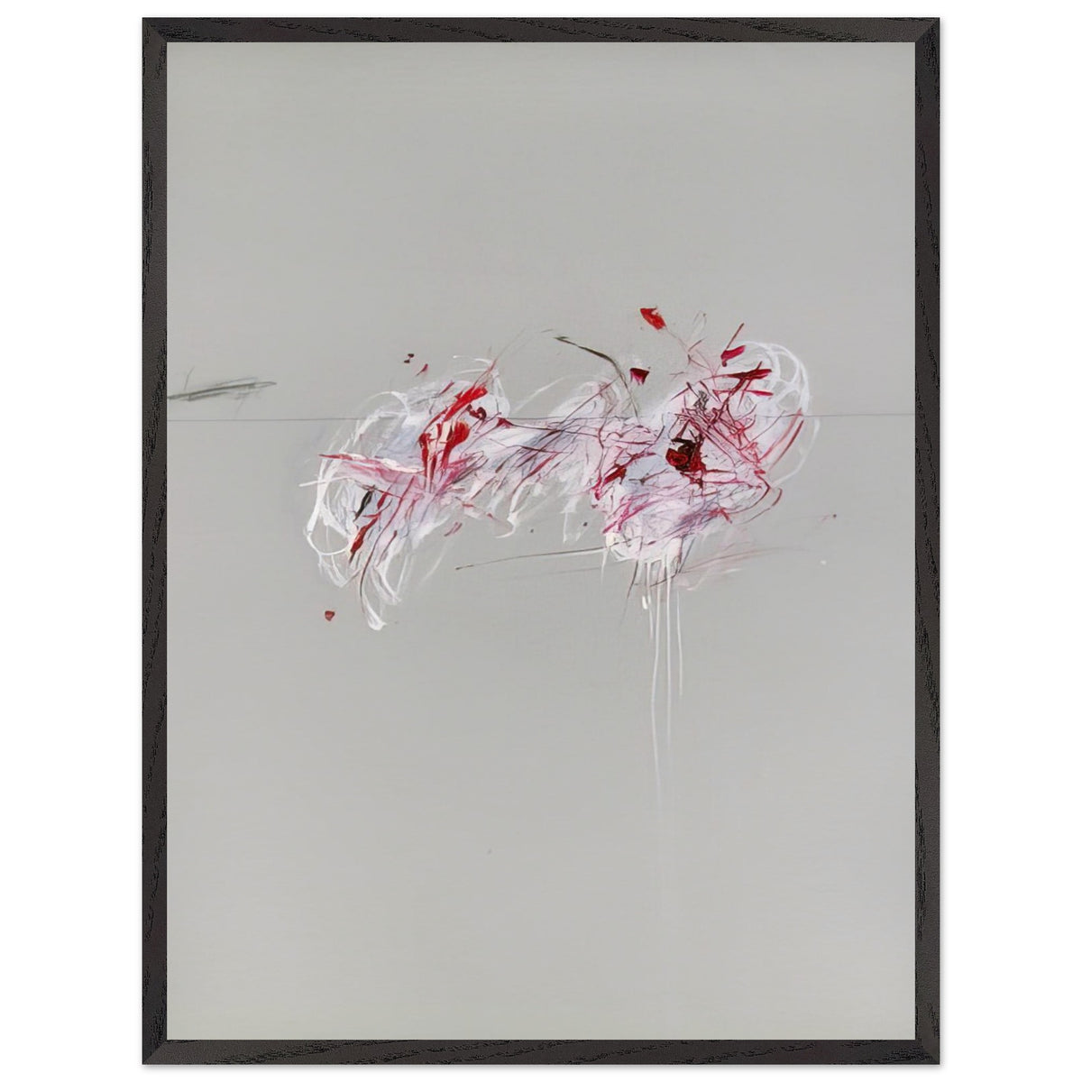 Nine Discourses on Commodus, Part II by Cy Twombly, framed art print, 50x70 cm / 20x28″, Wood frame; a restrained gray background, expressive red and crimson forms