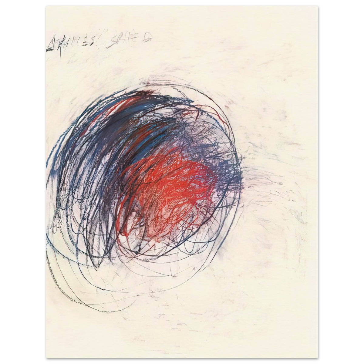 Fifty Days at Iliam: Shield of Achilles by Cy Twombly, poster, 40x50 cm / 16x20″; intricate black lines, expressive red strokes, deep blue accents