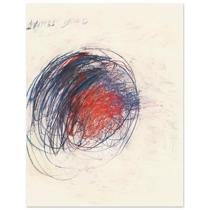 Fifty Days at Iliam: Shield of Achilles by Cy Twombly, poster, 40x50 cm / 16x20″; intricate black lines, expressive red strokes, deep blue accents