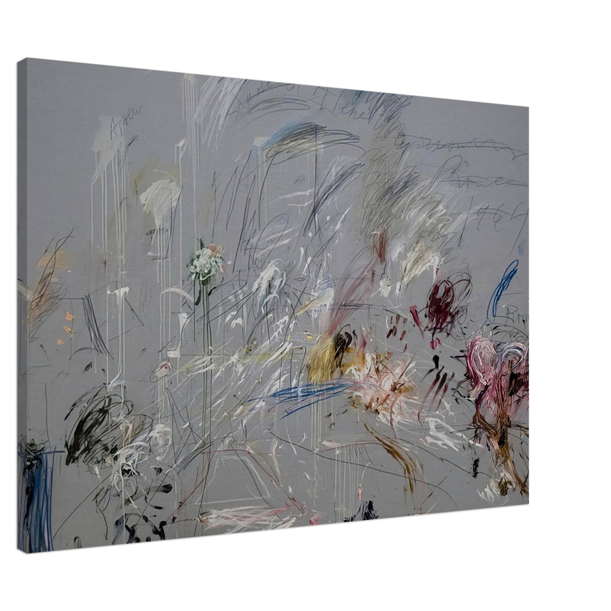 School of Athens by Cy Twombly canvas print, 40 × 50 cm / 16 × 20 in: a muted gray background layered with spontaneous scribbles, energetic linear gestures….