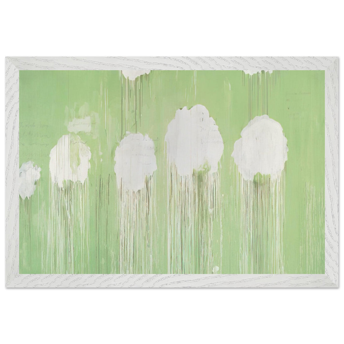 Untitled (Peony Blossom Painting) by Cy Twombly framed art print; featuring delicate white peony blossoms against a soft, luminous green background; size 50 × 70 cm (20 × 28 in); white frame.