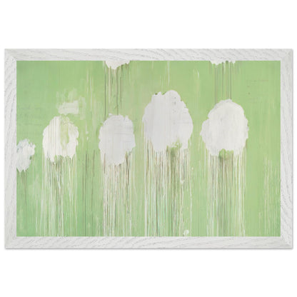 Untitled (Peony Blossom Painting) by Cy Twombly framed art print; featuring delicate white peony blossoms against a soft, luminous green background; size 50 × 70 cm (20 × 28 in); white frame.