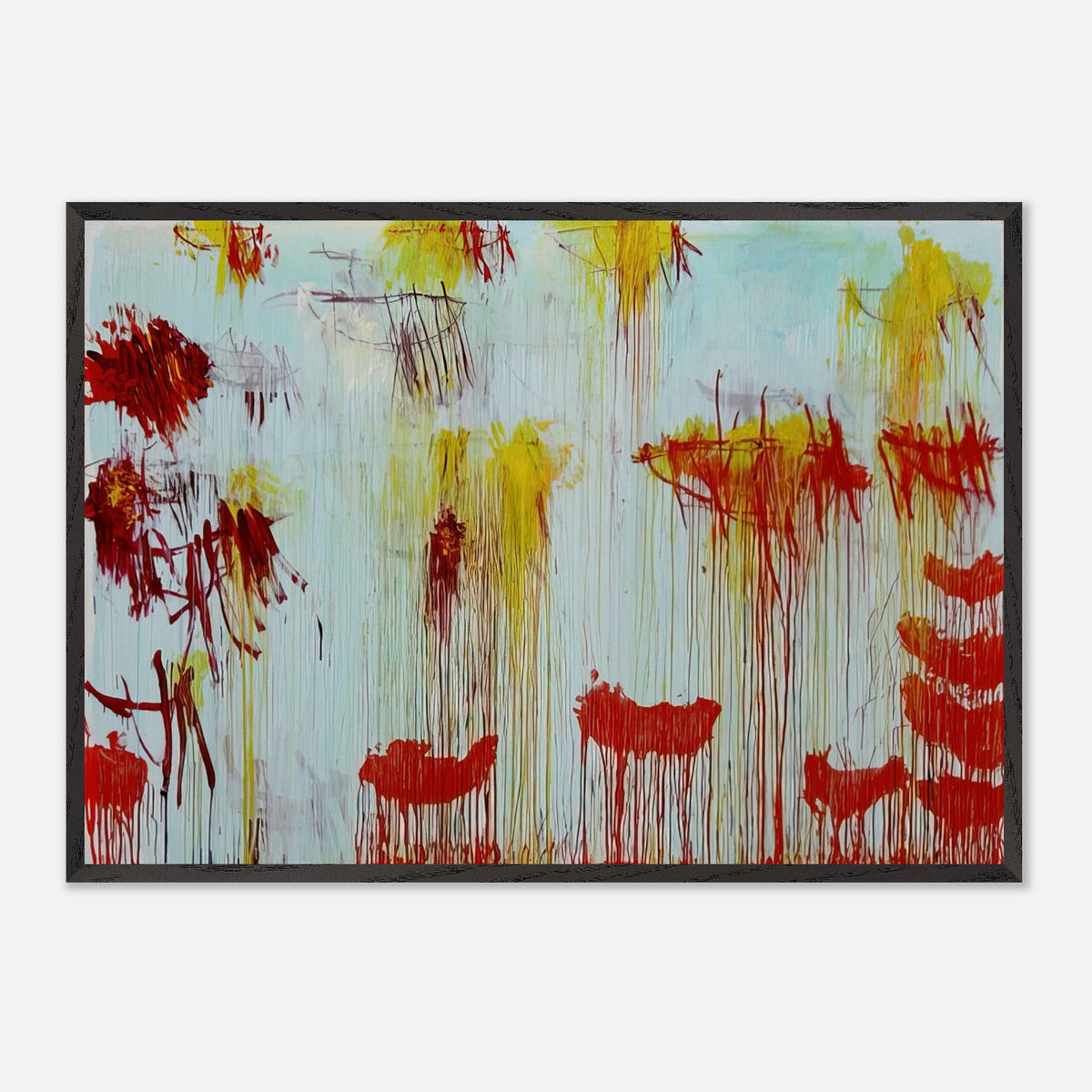 Lepanto, Part XI by Cy Twombly framed art print; featuring a luminous turquoise and pale blue background with vibrant golden-yellow brushstrokes.