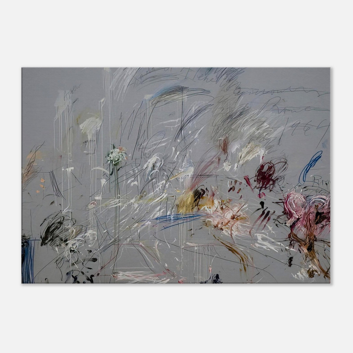 School of Athens by Cy Twombly canvas print: a muted gray background layered with spontaneous scribbles, energetic linear gestures….