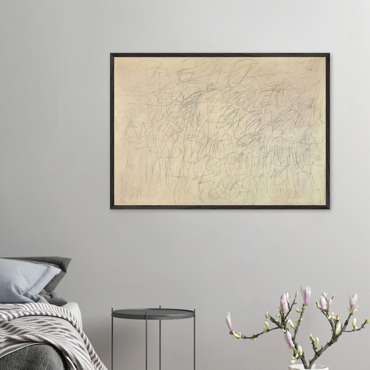 Academy by Cy Twombly framed art print; featuring an intricate network of delicate gray and black scribbles, overlapping lines, spontaneous gestures.