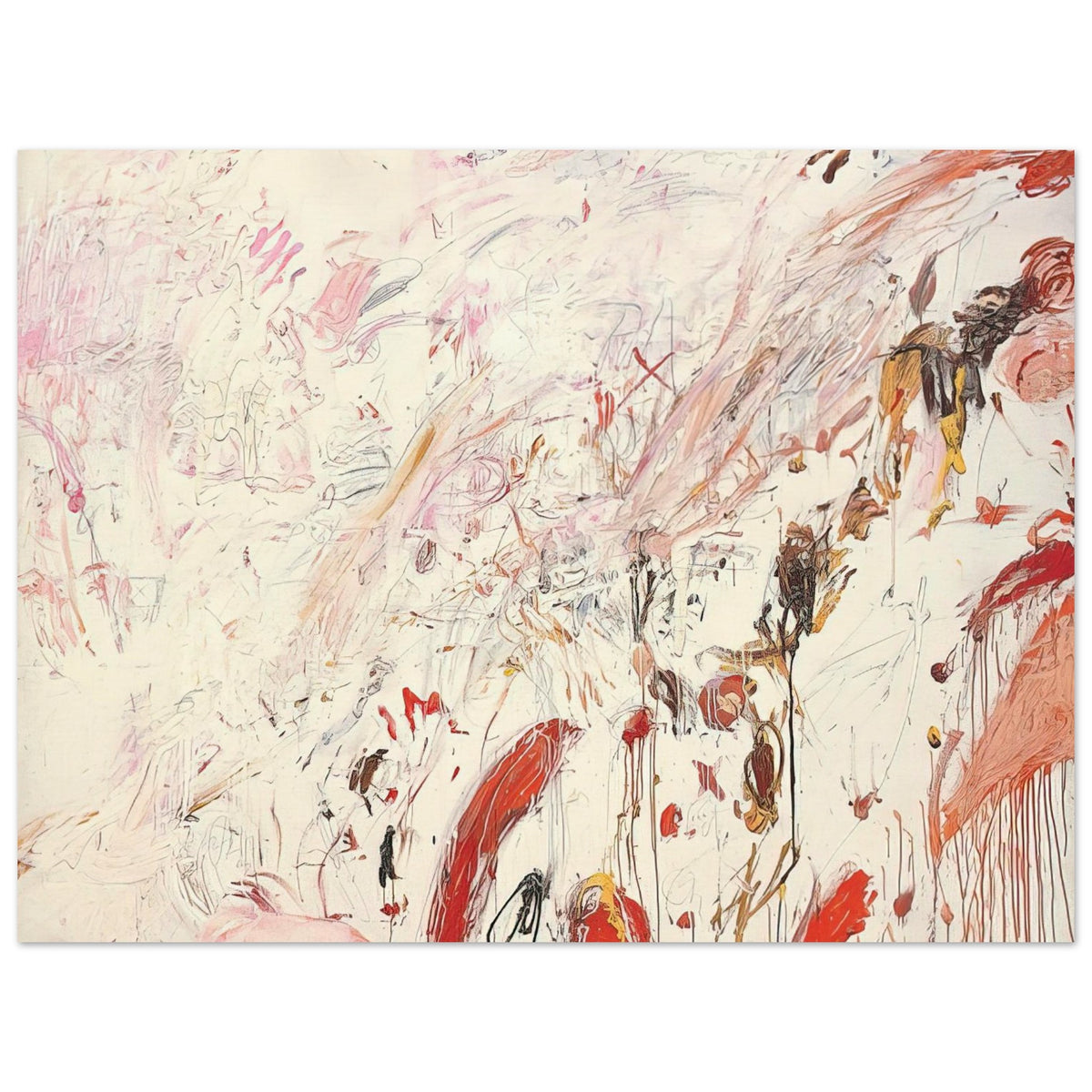 Ferragosto III by Cy Twombly poster, 30 × 40 cm / 12 × 16 in: This captivating composition features a pale cream background layered with energetic brushstrokes….