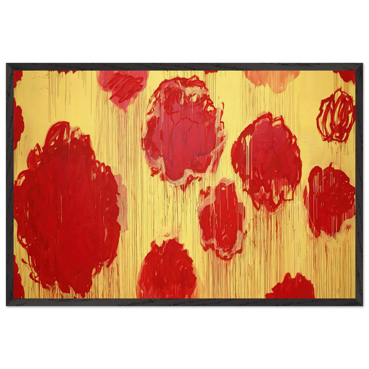 Untitled (Peonias Series) by Cy Twombly framed art print; featuring bold crimson-red and scarlet flower forms against a luminous golden-yellow background; size 60 × 90 cm (24 × 36 in); wood frame.