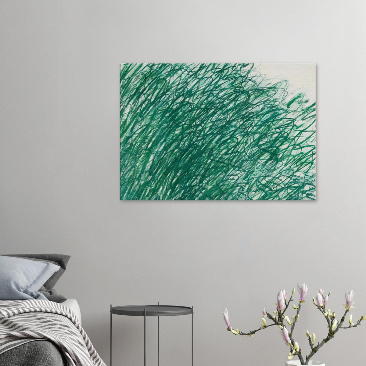 On Returning from Tonnicoda by Cy Twombly canvas print: a dense network of sweeping green lines, overlapping loops, and spontaneous gestural marks across a pale….