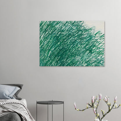 On Returning from Tonnicoda by Cy Twombly canvas print: a dense network of sweeping green lines, overlapping loops, and spontaneous gestural marks across a pale….