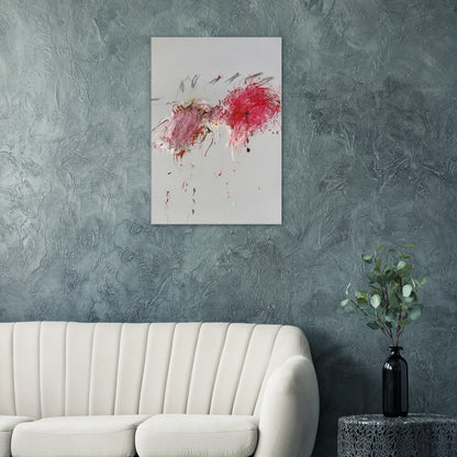 Nicola's Irises by Cy Twombly, canvas print; sweeping red and crimson brushstrokes, delicate pink accents, cool blue details, and dark gestural lines against a pale background