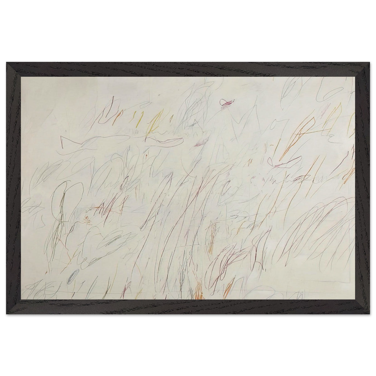Sunset by Cy Twombly framed art print; featuring a soft ivory background covered with delicate pencil marks, flowing curves, spontaneous scribbles; size 60 × 90 cm (24 × 36 in); white frame.
