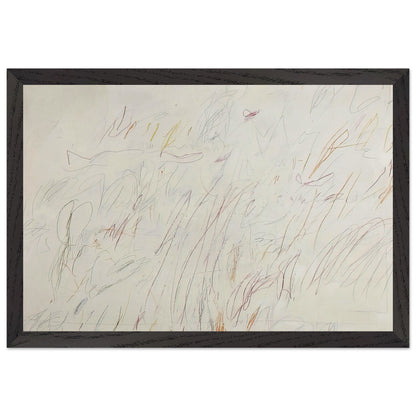 Sunset by Cy Twombly framed art print; featuring a soft ivory background covered with delicate pencil marks, flowing curves, spontaneous scribbles; size 60 × 90 cm (24 × 36 in); white frame.