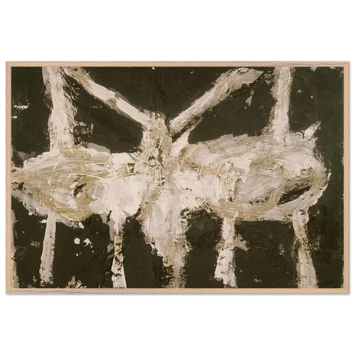 Min-Oe by Cy Twombly framed art print; featuring bold black and deep olive tones contrasted with expressive ivory and cream forms; size 28 × 43 cm (11 × 17 in); black frame.