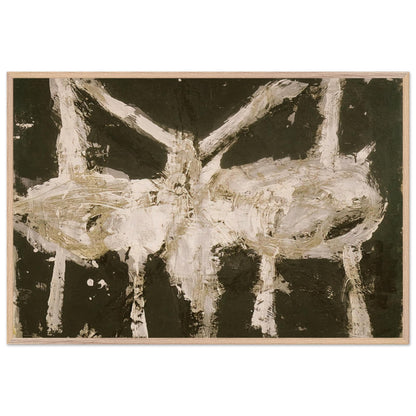 Min-Oe by Cy Twombly framed art print; featuring bold black and deep olive tones contrasted with expressive ivory and cream forms; size 28 × 43 cm (11 × 17 in); black frame.