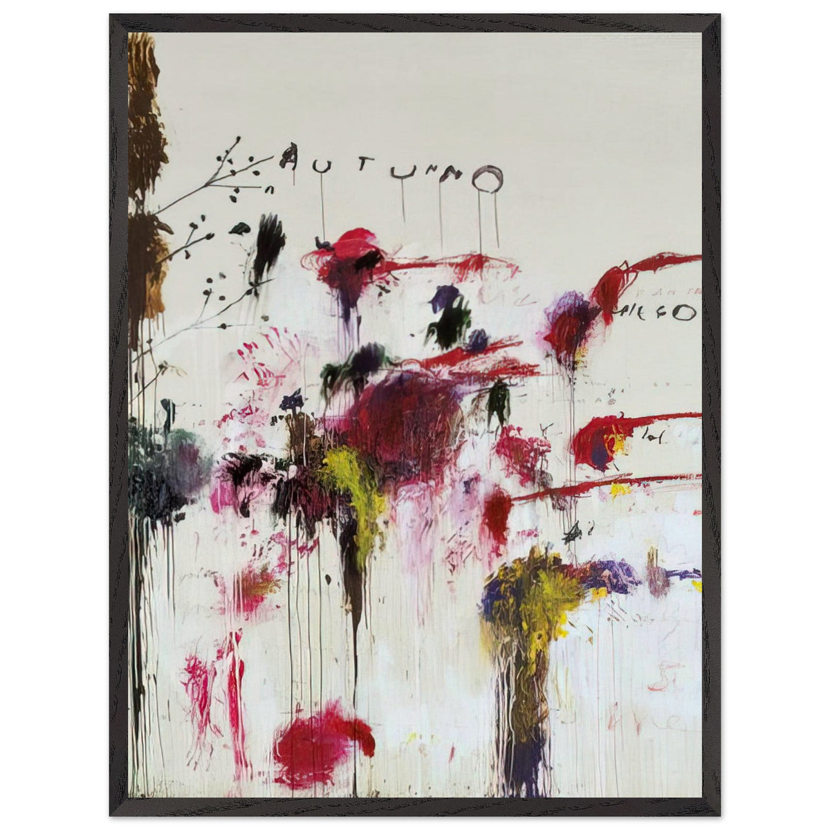 Quattro Stagioni II. Autunno by Cy Twombly, framed art print, bold red and crimson brushstrokes, rich purple and burgundy accents, 27x35 cm (11x14 in), black frame