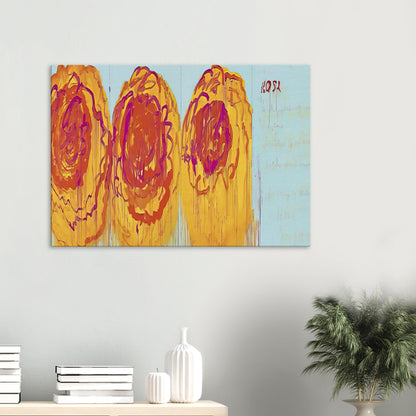 The Rose (I) by Cy Twombly canvas print: This striking composition features three large, rose-inspired forms in vivid red, orange, yellow….