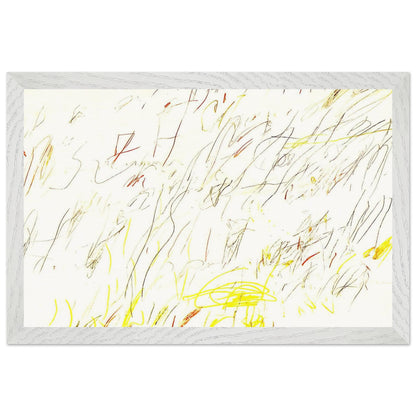 Blue Room by Cy Twombly framed art print; featuring delicate, spontaneous scribbles and gestural lines in shades of black, red, orange; size 28 × 43 cm (11 × 17 in); black frame.