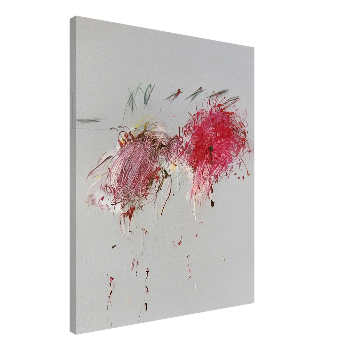 Nicola's Irises by Cy Twombly, canvas print, 70x100 cm / 28x40″; sweeping red and crimson brushstrokes, delicate pink accents, cool blue details