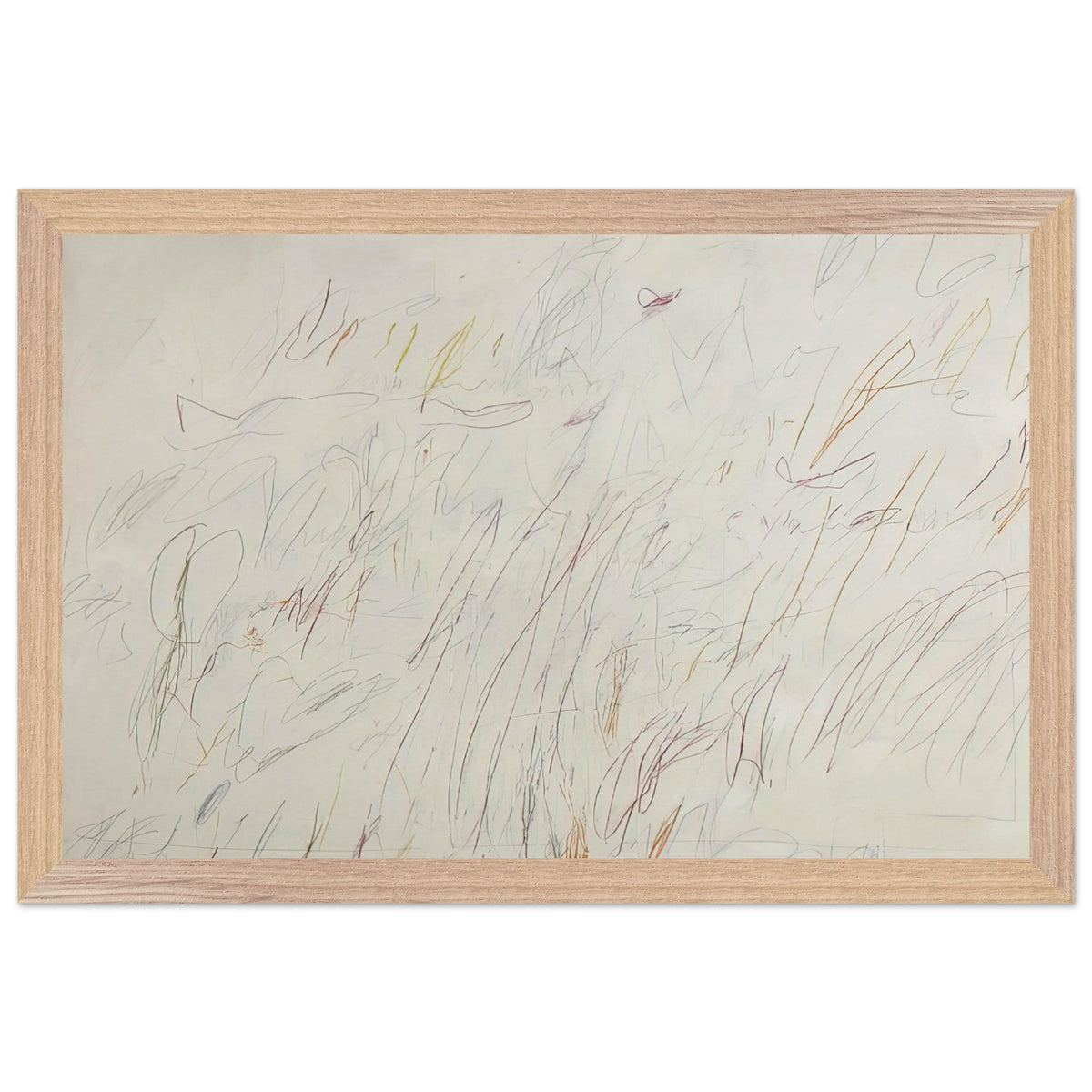 Sunset by Cy Twombly framed art print; featuring a soft ivory background covered with delicate pencil marks, flowing curves, spontaneous scribbles; size 30 × 45 cm (12 × 18 in); white frame.