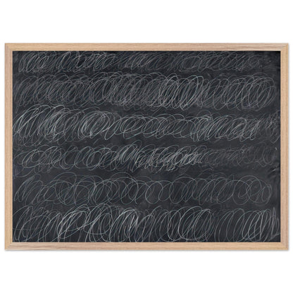 Cold Stream by Cy Twombly framed art print; featuring dense, repeating white and gray scribbled lines arranged in horizontal rows across a deep charcoal-gray; size A1 (59.4 × 84.1 cm); white frame.