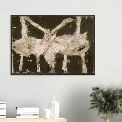 Min-Oe by Cy Twombly framed art print; featuring bold black and deep olive tones contrasted with expressive ivory and cream forms.