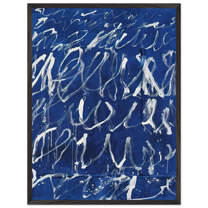 Untitled by Cy Twombly, framed art print, deep blue ground covered with energetic white brushstrokes, looping, 60x80 cm (24x32 in), black frame
