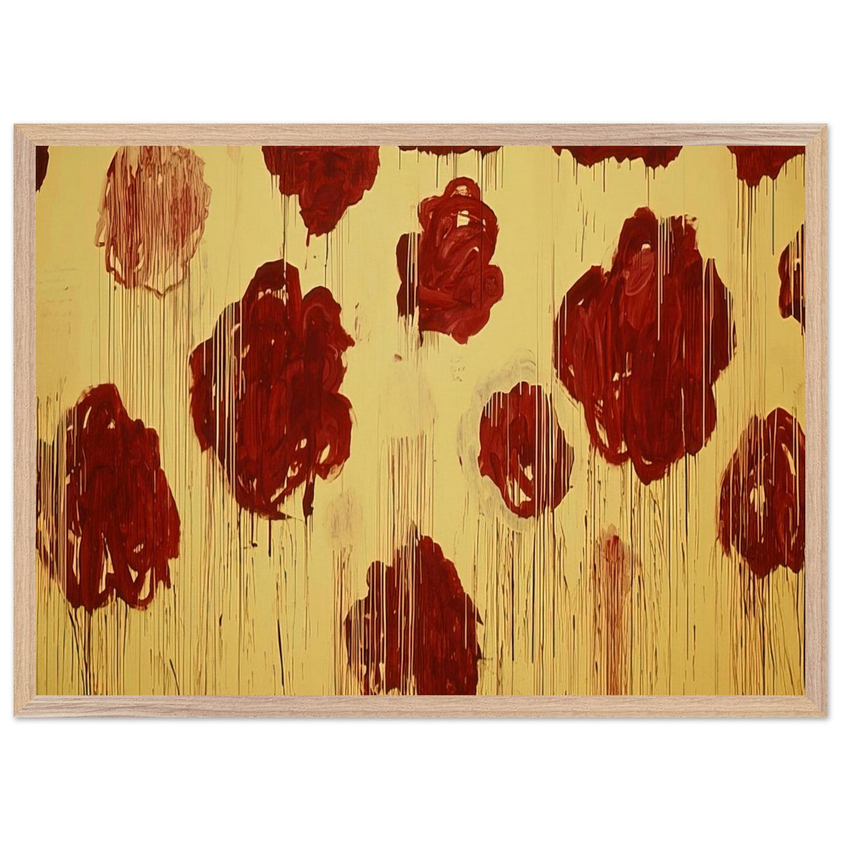 Untitled (Blooming, A Scattering of Blossoms & Other Things) by Cy Twombly framed art print; featuring vivid crimson-red and deep burgundy blossoms scattered across a luminous golden-yellow background; size 60 × 90 cm (24 × 36 in); white frame.