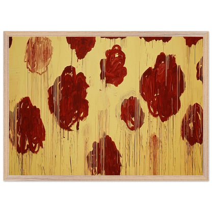 Untitled (Blooming, A Scattering of Blossoms & Other Things) by Cy Twombly framed art print; featuring vivid crimson-red and deep burgundy blossoms scattered across a luminous golden-yellow background; size 60 × 90 cm (24 × 36 in); white frame.
