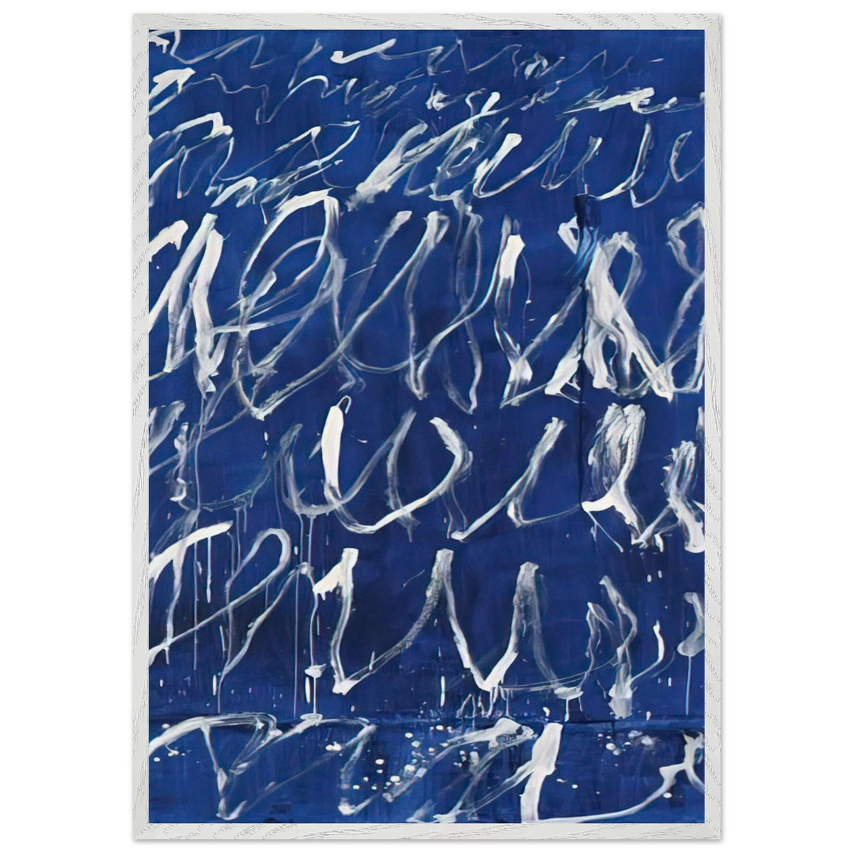 Untitled by Cy Twombly, framed art print, deep blue ground covered with energetic white brushstrokes, looping, 60x80 cm (24x32 in), white frame