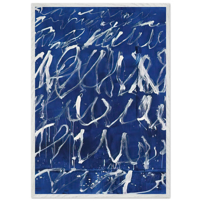 Untitled by Cy Twombly, framed art print, deep blue ground covered with energetic white brushstrokes, looping, 60x80 cm (24x32 in), white frame