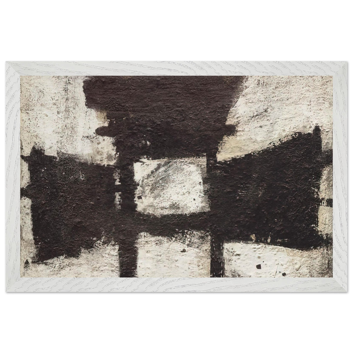 Zyig by Cy Twombly framed art print; featuring bold black and dark brown geometric forms against a textured ivory background; size 28 × 43 cm (11 × 17 in); wood frame.