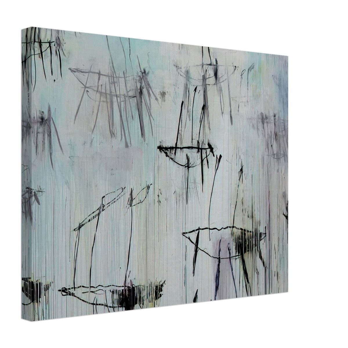 Lepanto, Part V by Cy Twombly canvas print, 70 × 100 cm / 28 × 40 in: a pale blue-gray background covered with spontaneous black lines, sketch-like geometric forms….