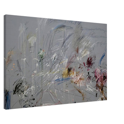 School of Athens by Cy Twombly canvas print, 60 × 90 cm / 24 × 36 in: a muted gray background layered with spontaneous scribbles, energetic linear gestures….