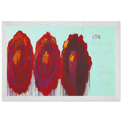 The Rose (IV) by Cy Twombly framed art print; featuring three oversized rose forms in deep crimson, fiery red, rich burgundy, and vivid violet; size 30 × 45 cm (12 × 18 in); black frame.